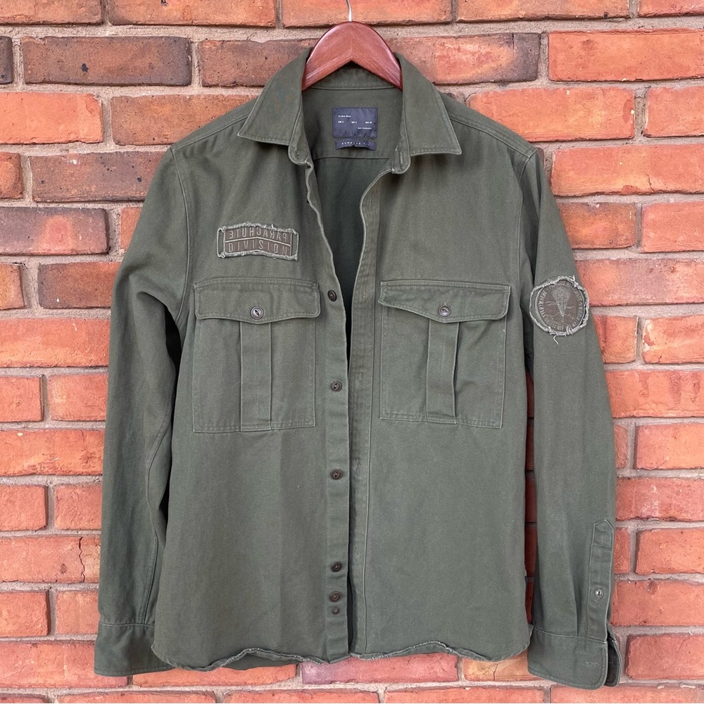 Zara Man Olive Military Green Button up Shirt Jacket Overshirt Patches Sz S